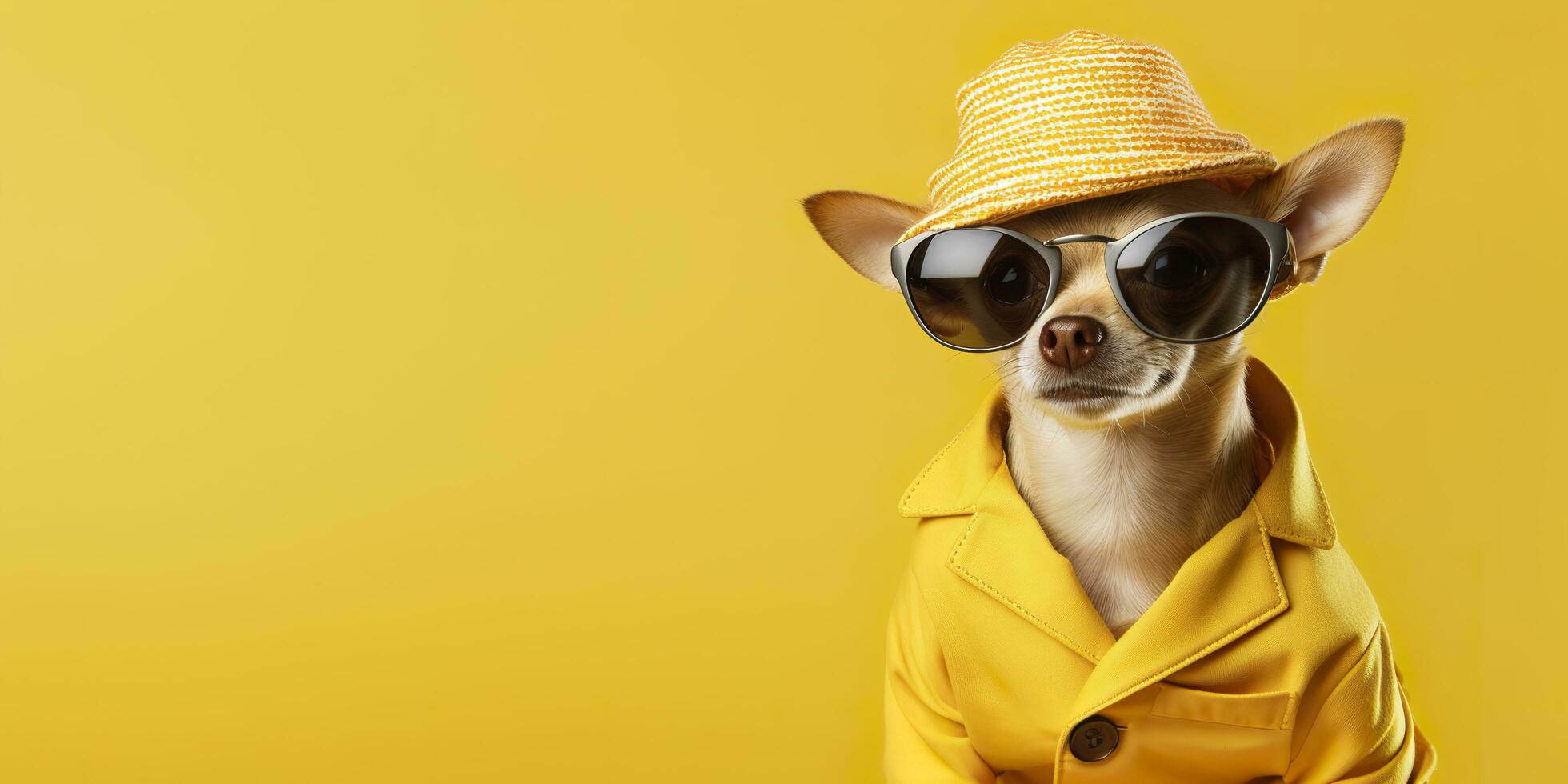 legal olhando chihuahua cachorro vestindo funky moda vestir. espaço para texto certo lado. generativo ai foto