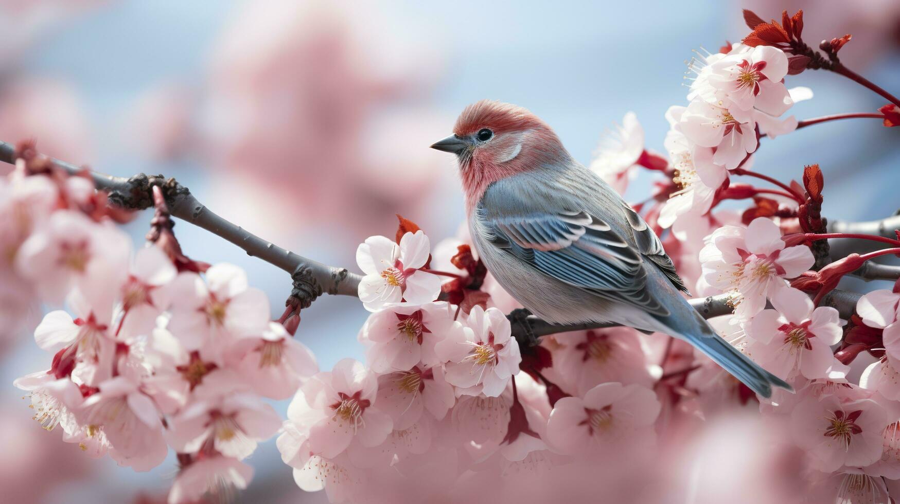 pássaros sentado dentro uma árvore preenchidas com cereja Flor flores generativo ai foto