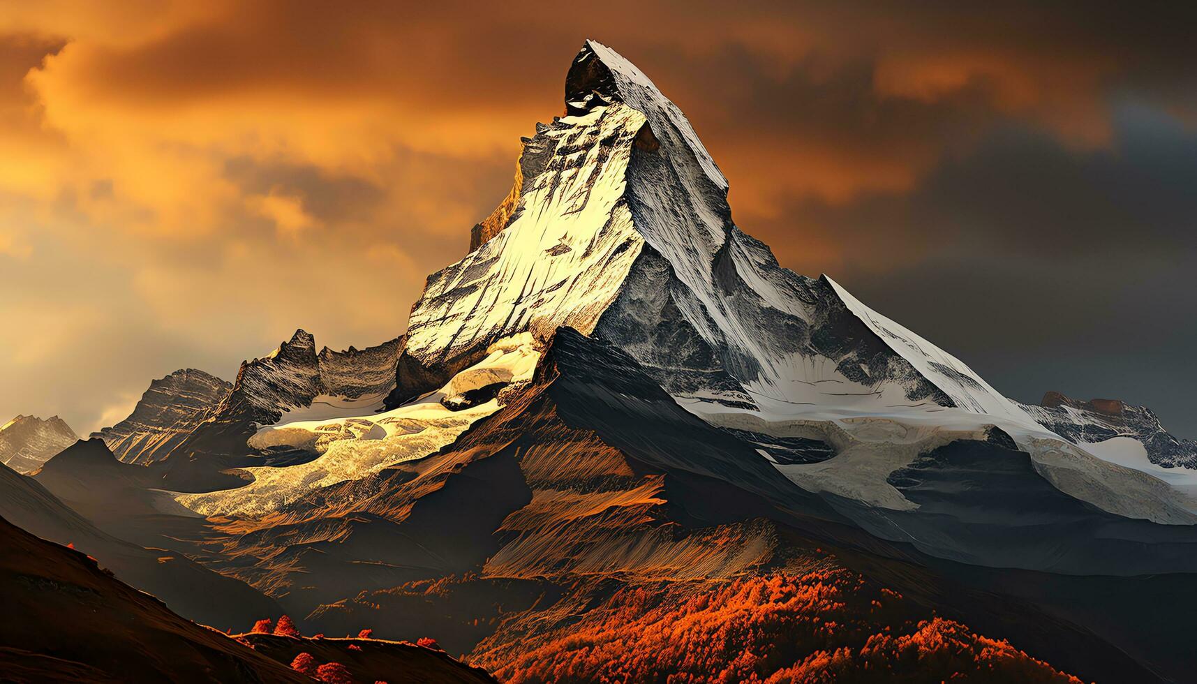 uma montanha pico com laranja nuvens e uma pôr do sol ai gerado foto
