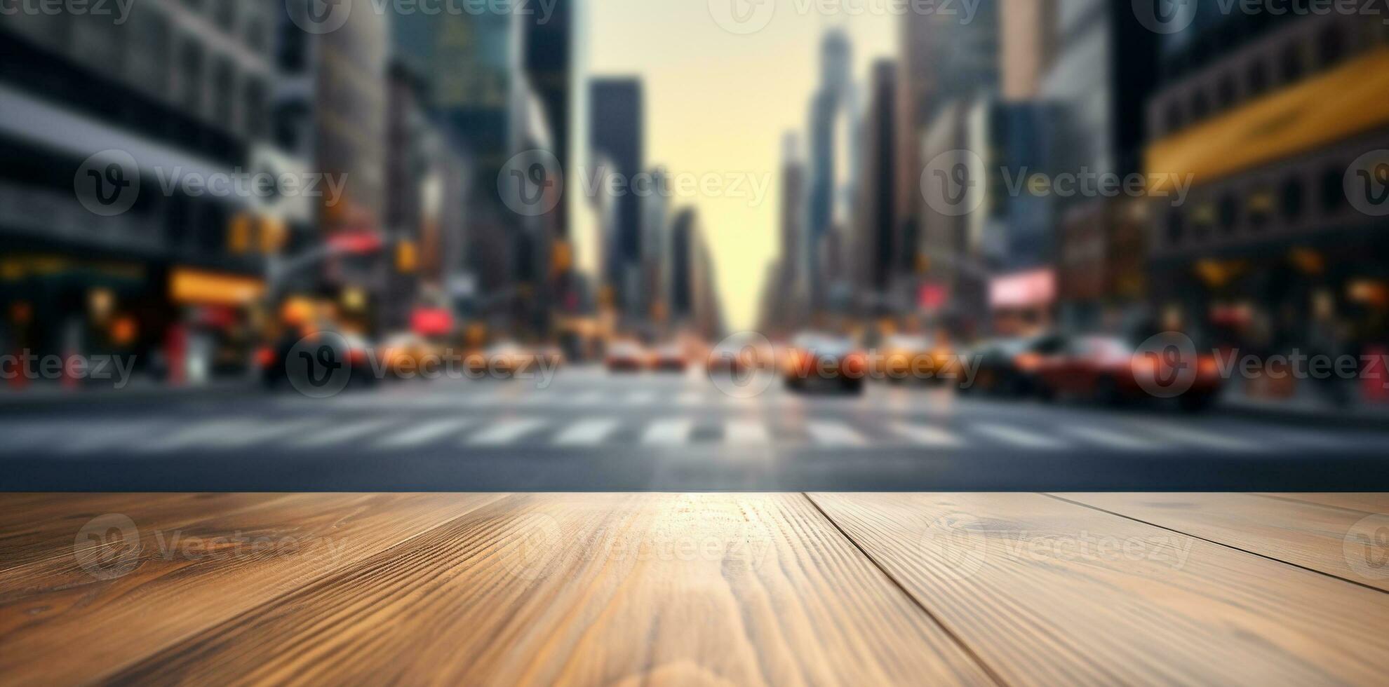 generativo ai, esvaziar de madeira mesa topo com borrão fundo do uma ocupado rua, grande cidade foto