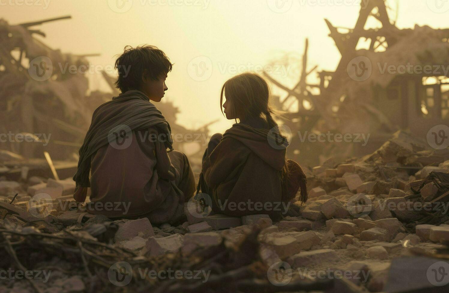 crianças e mulher senta em a ruínas do dele arruinado casa Porque do a guerra em cidade, ai gerado foto