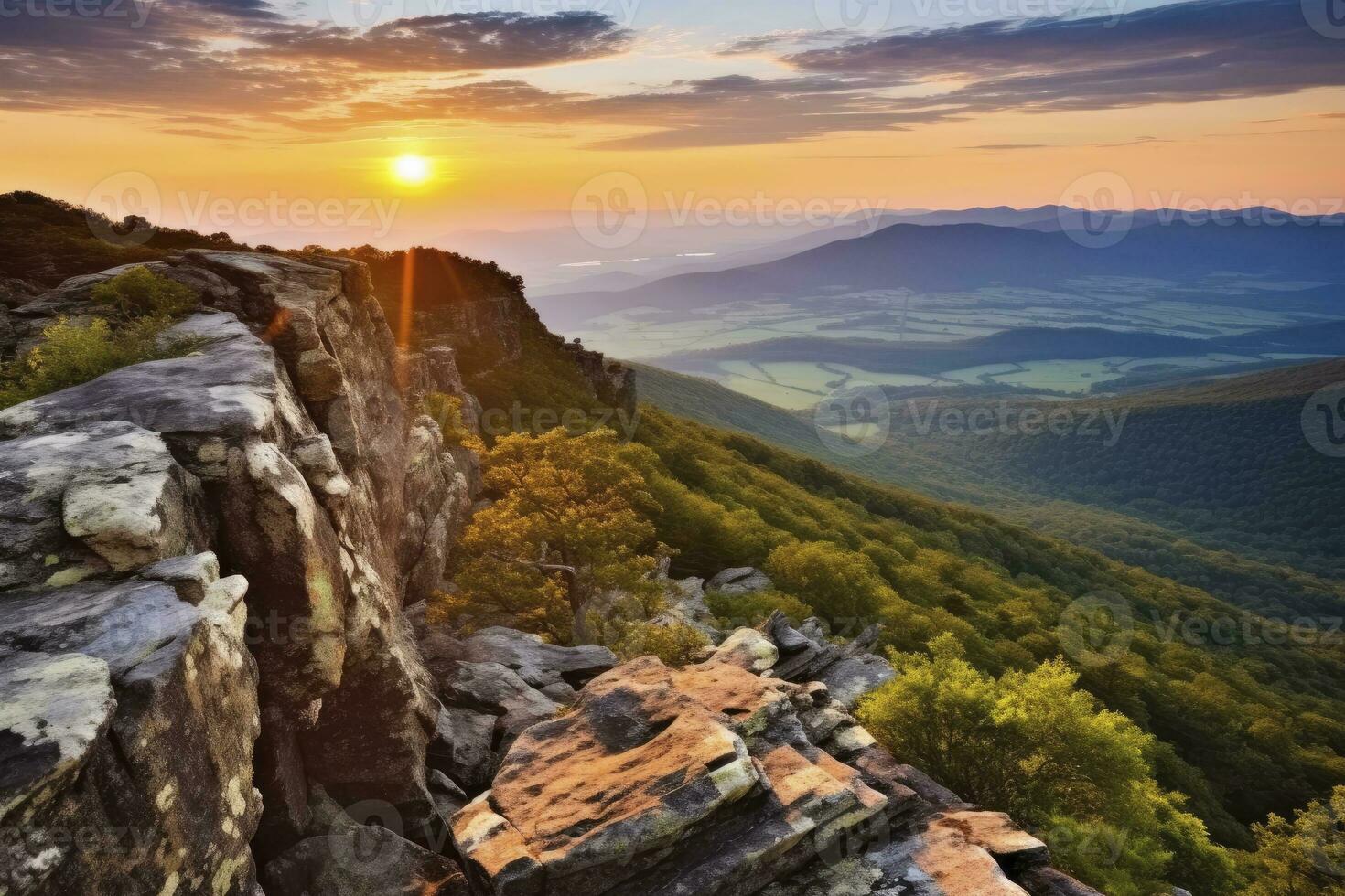 pôr do sol em pedregoso homem montanha. ai gerado foto