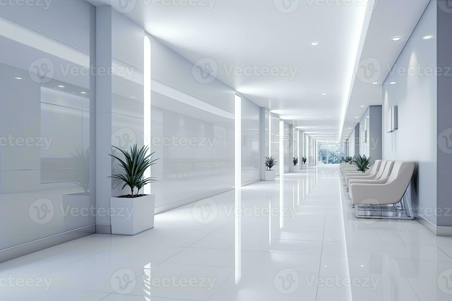 interior Projeto do uma moderno luxuoso branco construção corredor ou corredor com esperando assento. ai gerado foto