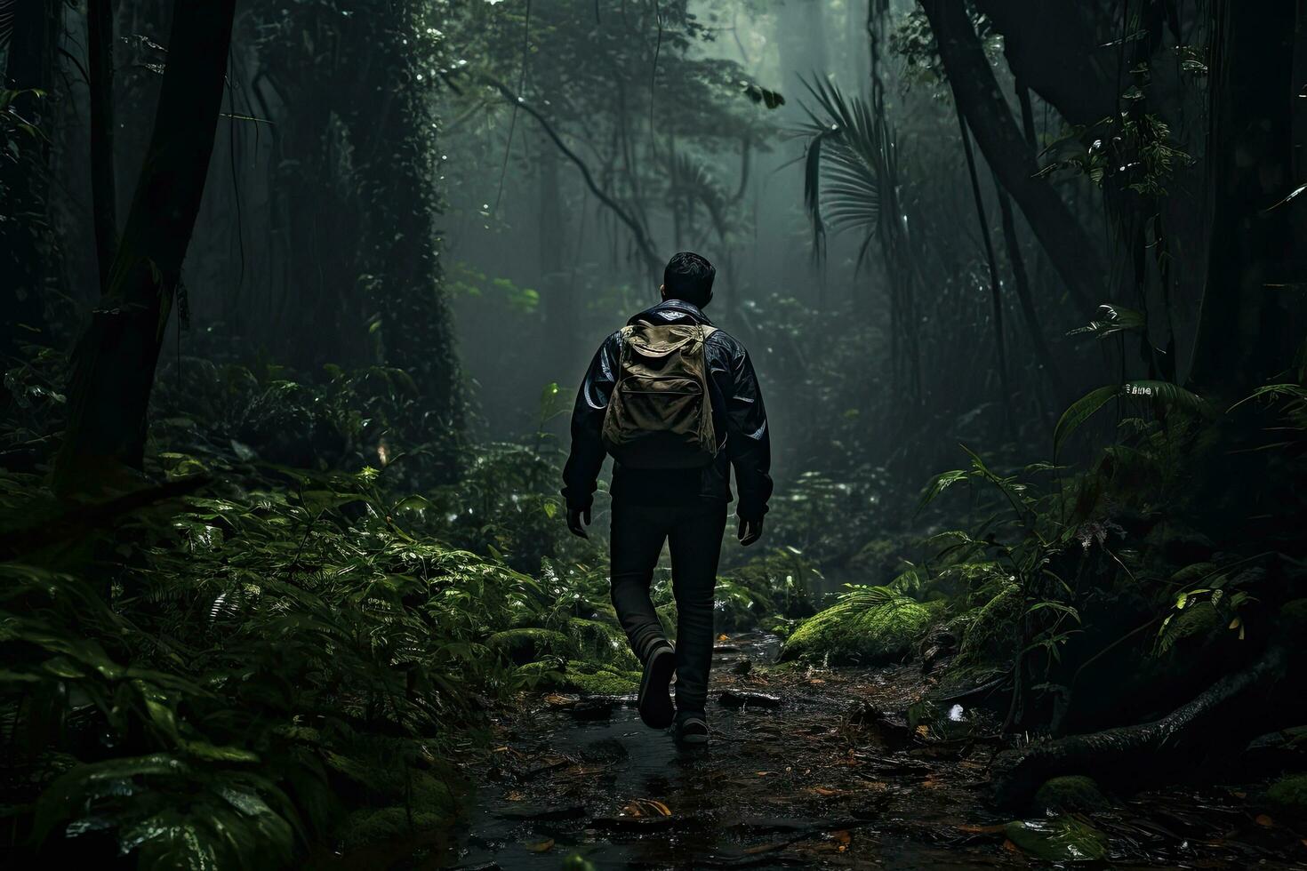 homem com mochila caminhada dentro a chuva floresta. aventura e viagem conceito, masculino caminhante caminhando através uma denso Sombrio selva, traseiro visualizar, cheio corpo, ai gerado foto