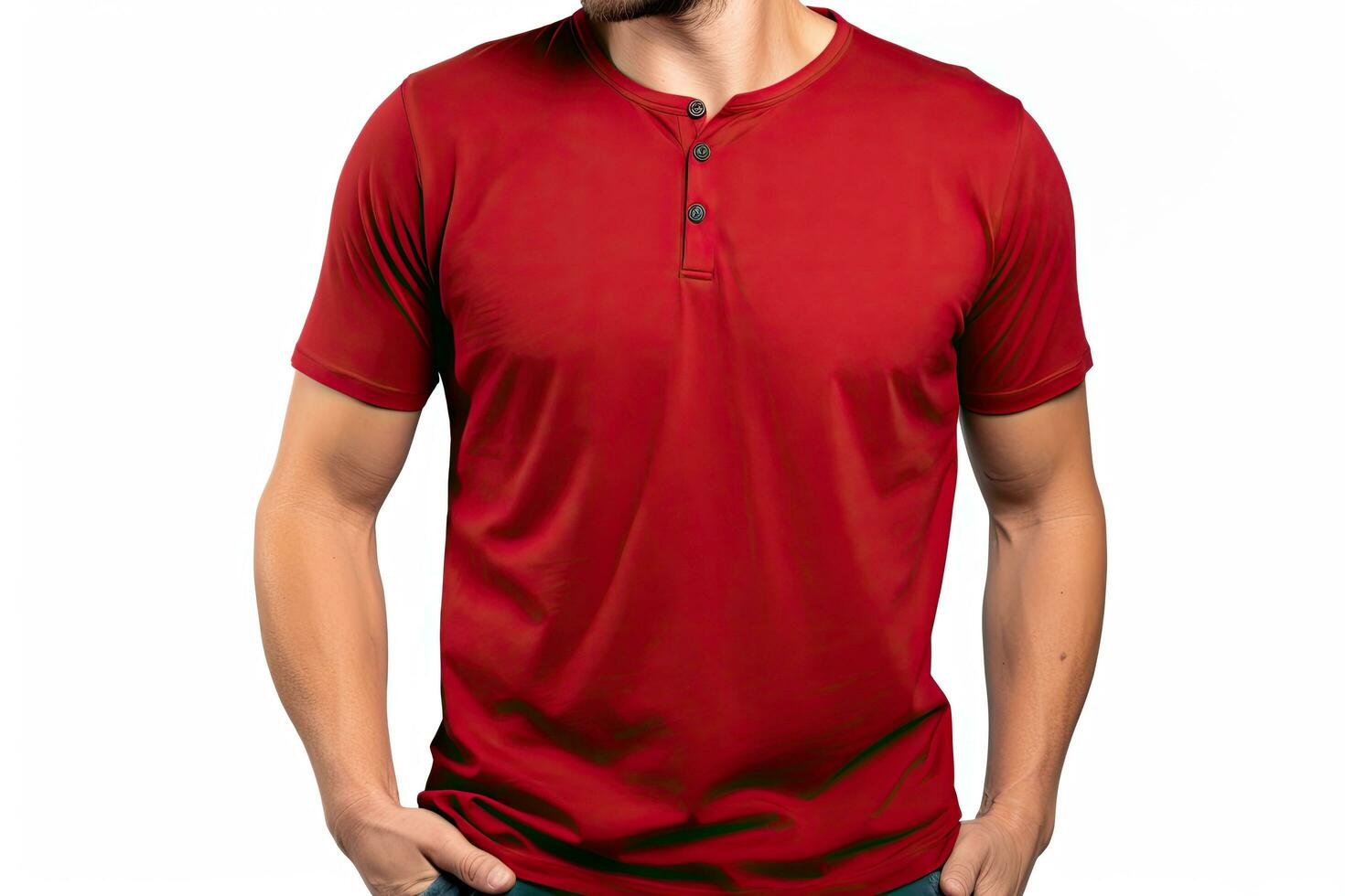 homem dentro vermelho pólo camiseta, isolado em branco fundo, masculino modelo vestindo uma real vermelho cor henley camiseta em uma branco fundo, frente Visão e costas visualizar, topo seção cortado, ai gerado foto