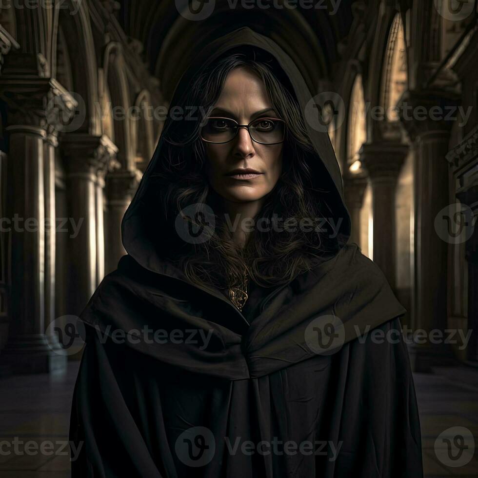 52 ano velho Preto cabelos italiano mulheres com óculos dentro uma Sombrio encapuzado roupão dentro a antigo catedral olhando para dentro a Câmera ameaçador com poder , gerado de ai foto