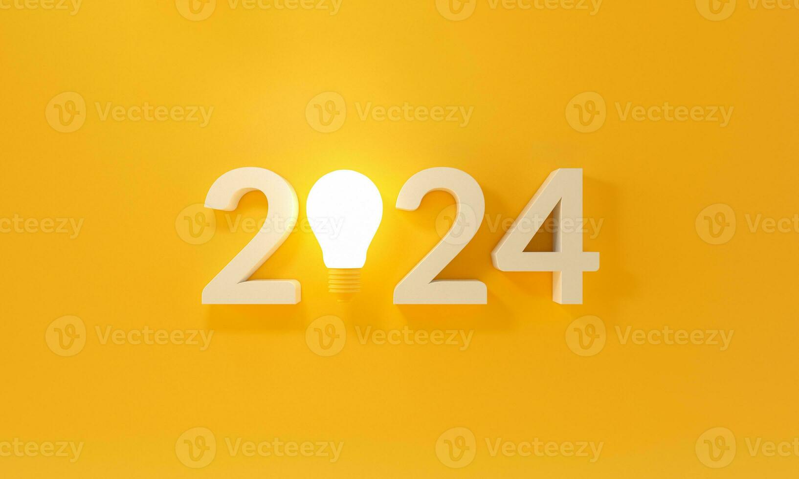 lâmpada luz com Novo ano 2024 em amarelo fundo. foto