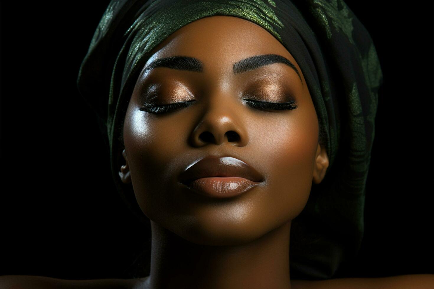 ai gerado africano mulher com lindo pele e uma colorida xaile em dela cabeça e fechadas olhos enquanto relaxante foto