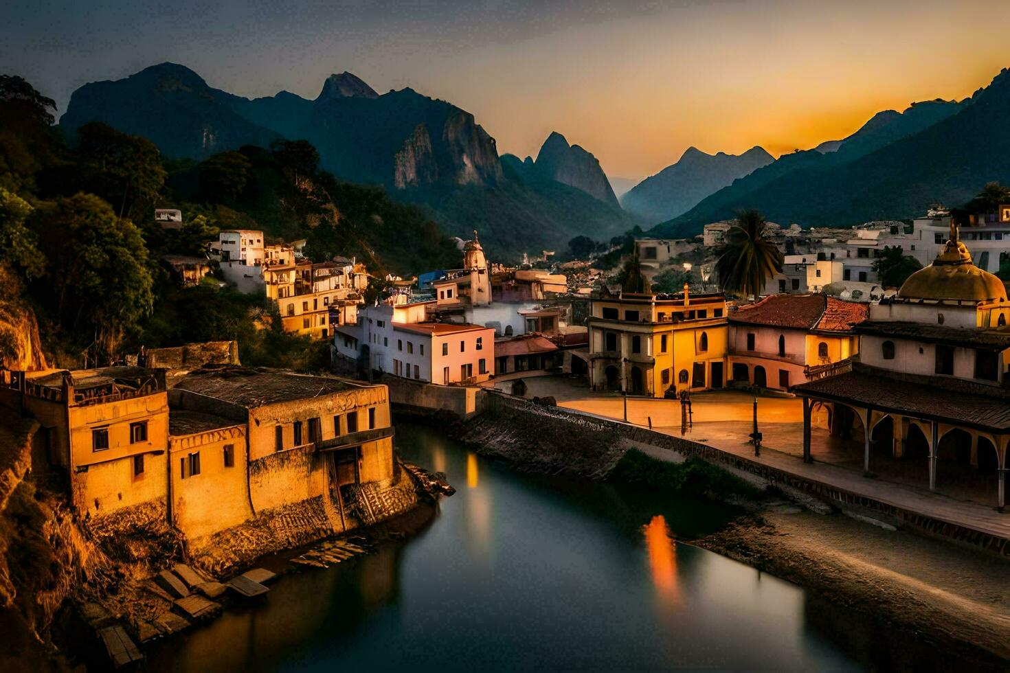 uma rio corre através uma Cidade às pôr do sol. gerado por IA foto