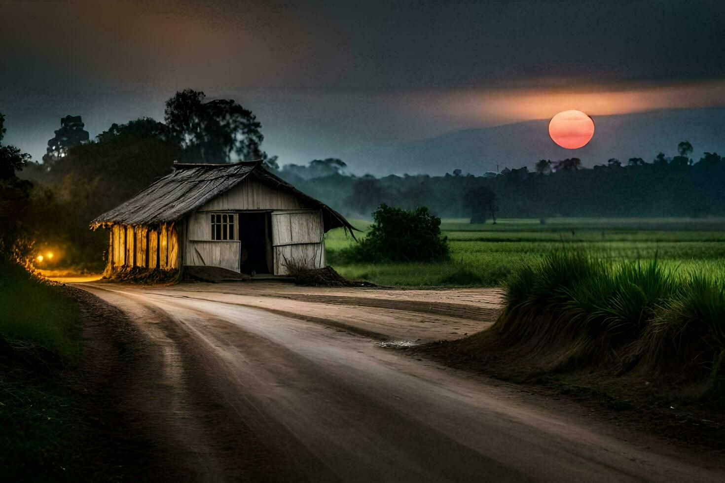 a Sol conjuntos sobre uma rural estrada dentro a manhã. gerado por IA foto