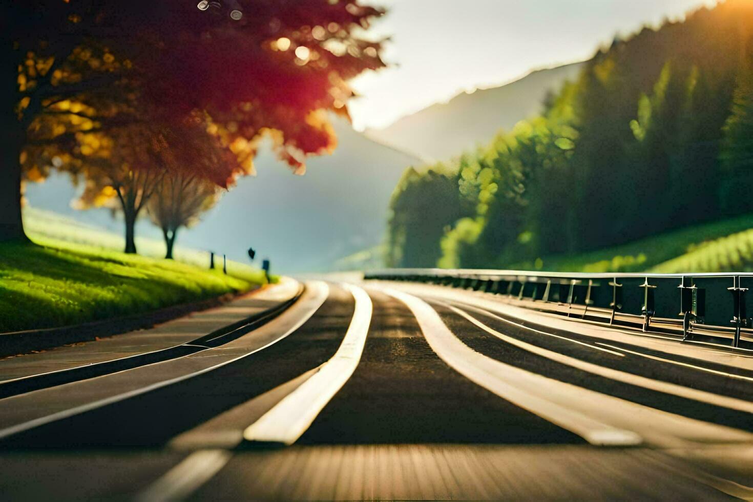 uma estrada com árvores e Relva em a lado. gerado por IA foto