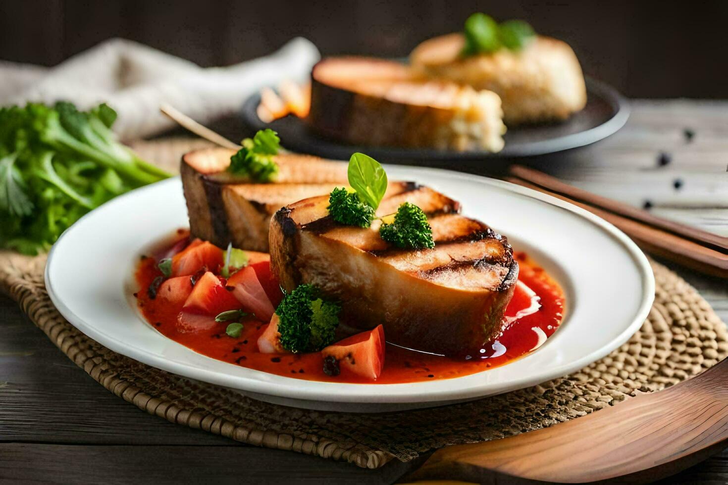 grelhado carne de porco em uma prato com tomate molho. gerado por IA foto