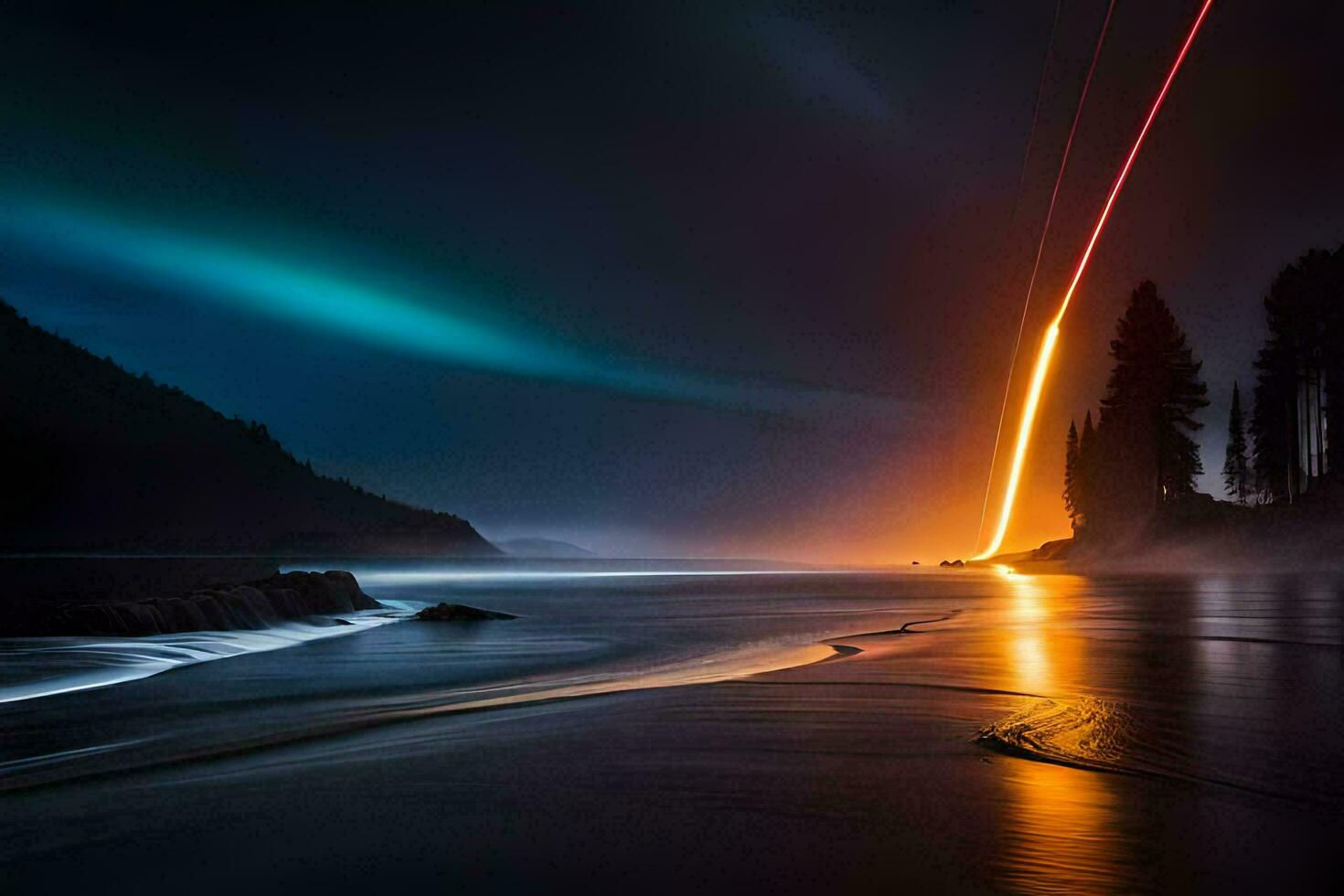 uma grandes exposição fotografia do uma brilhante luz brilhando em a água. gerado por IA foto