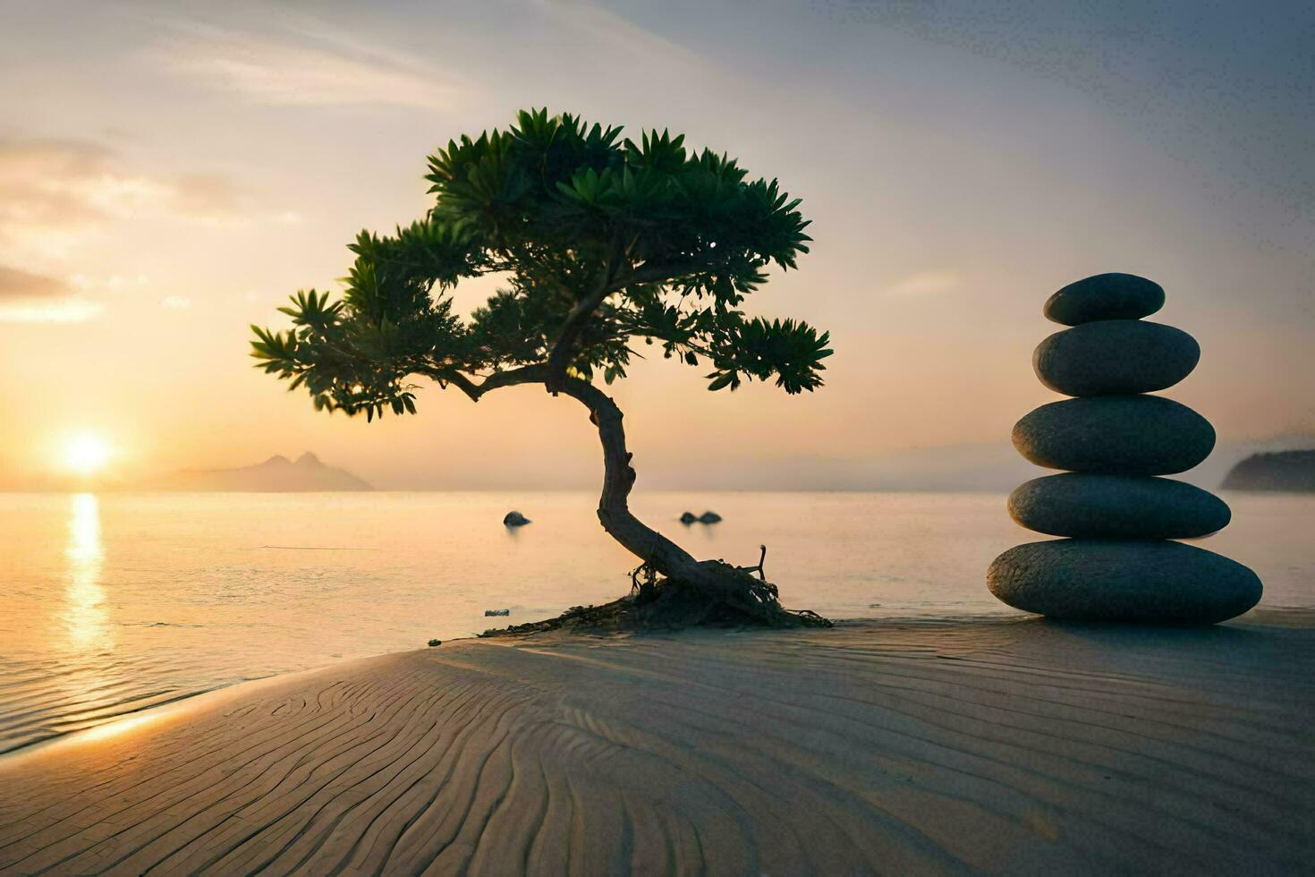 uma árvore e pedras em a de praia às pôr do sol. gerado por IA foto