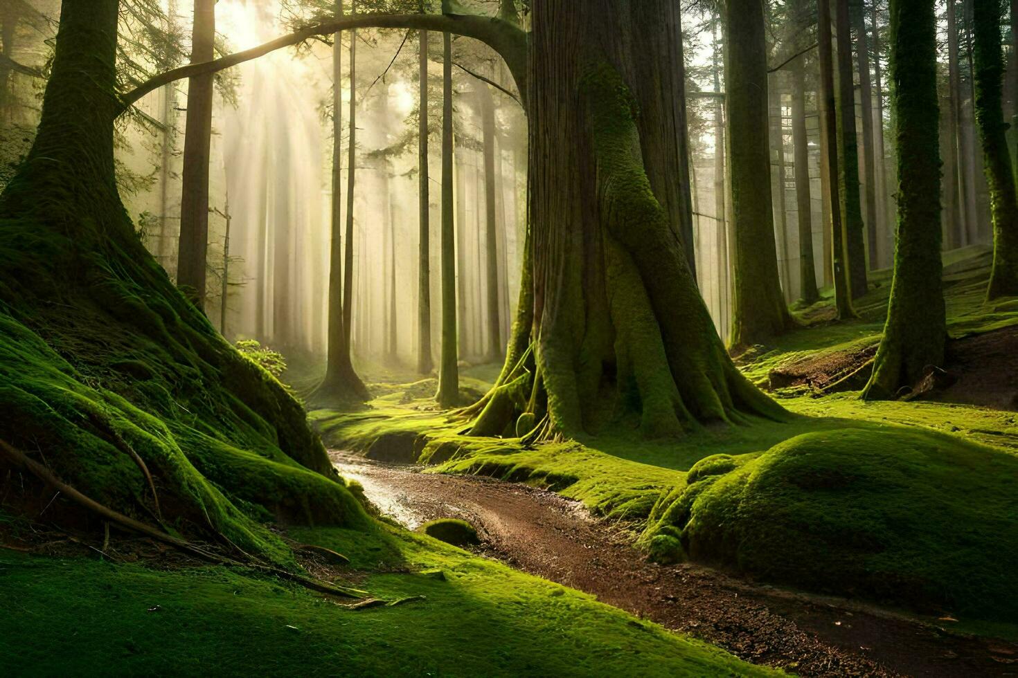 uma floresta com musgoso árvores e luz solar. gerado por IA foto