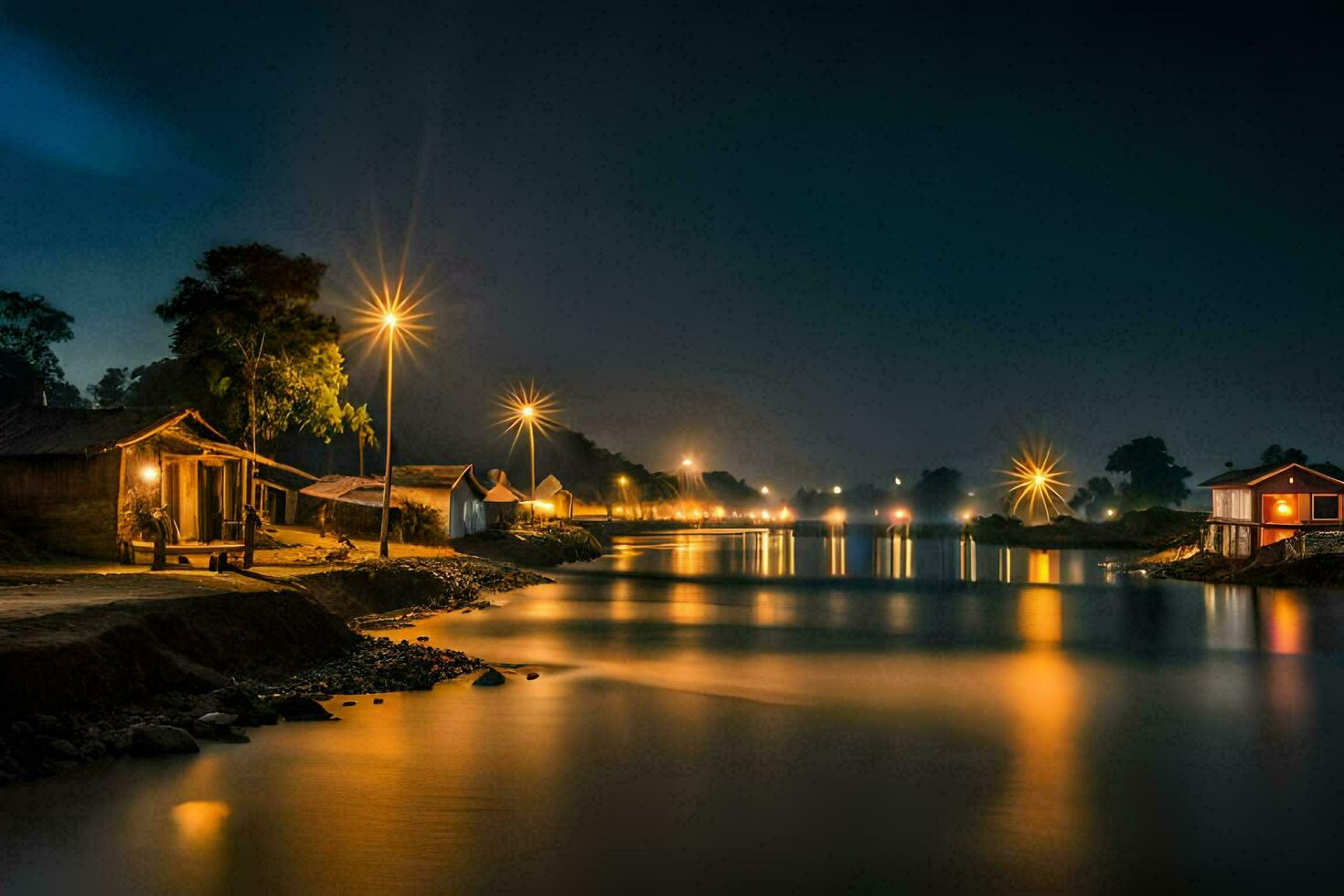 foto papel de parede a noite, rio, casas, luzes, a noite, a rio, a noite. gerado por IA