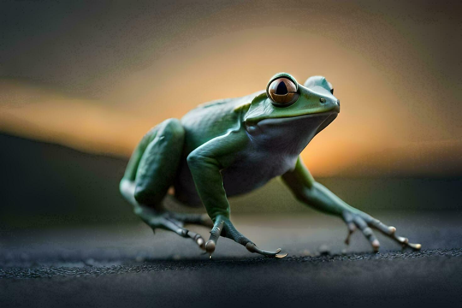 uma rã é caminhando em a estrada às pôr do sol. gerado por IA foto