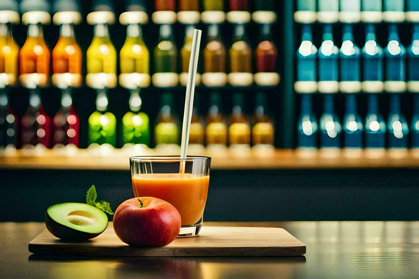 uma vidro do suco com a maçã em uma mesa. gerado por IA foto