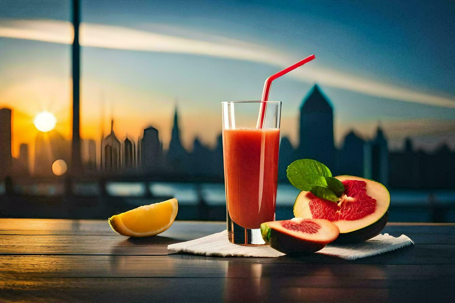 uma vidro do suco com uma fatia do limão e uma fatia do Melancia em uma mesa em. gerado por IA foto