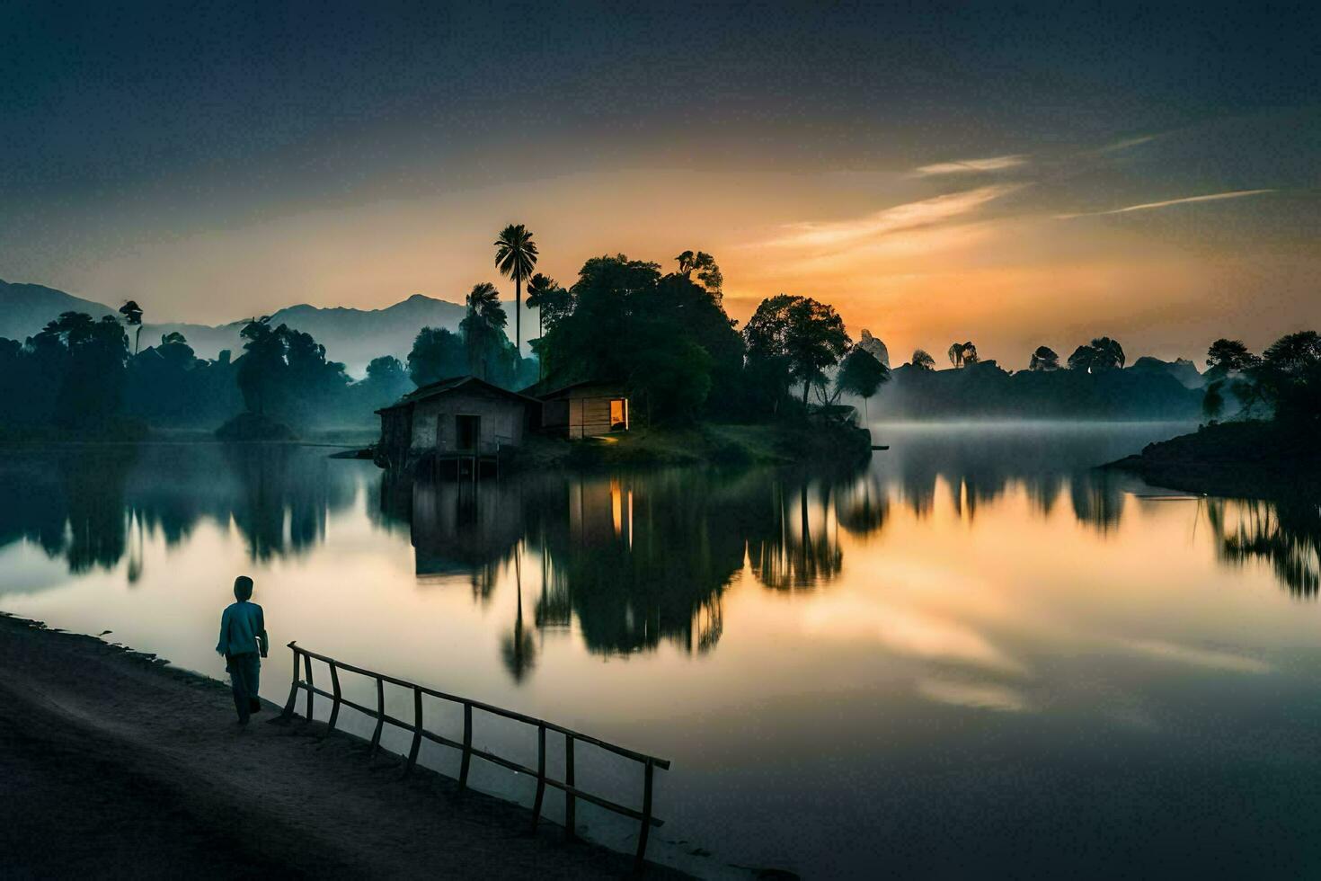 uma homem carrinhos em a costa do uma lago às nascer do sol. gerado por IA foto