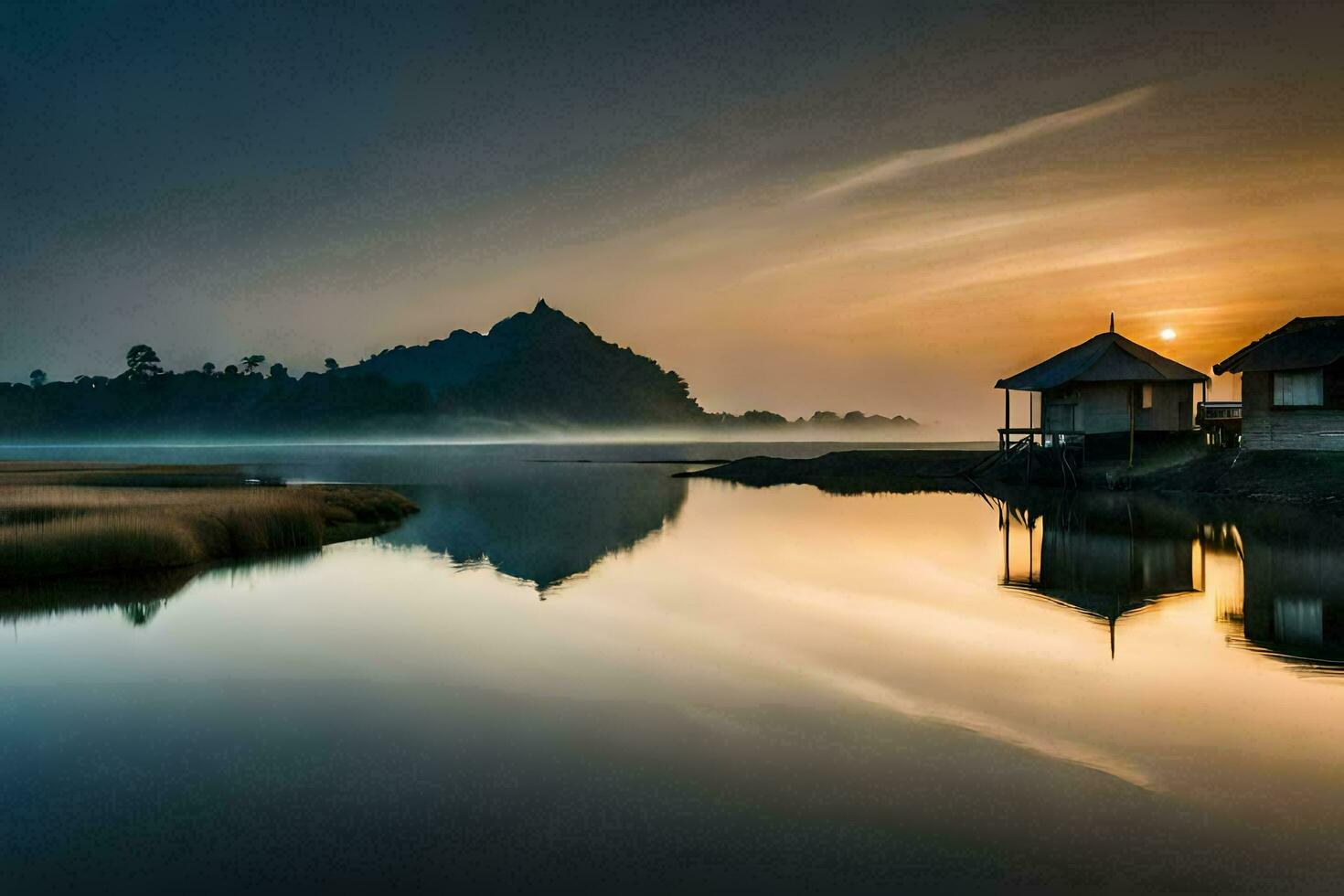 a Sol sobe sobre uma lago e dois cabanas. gerado por IA foto