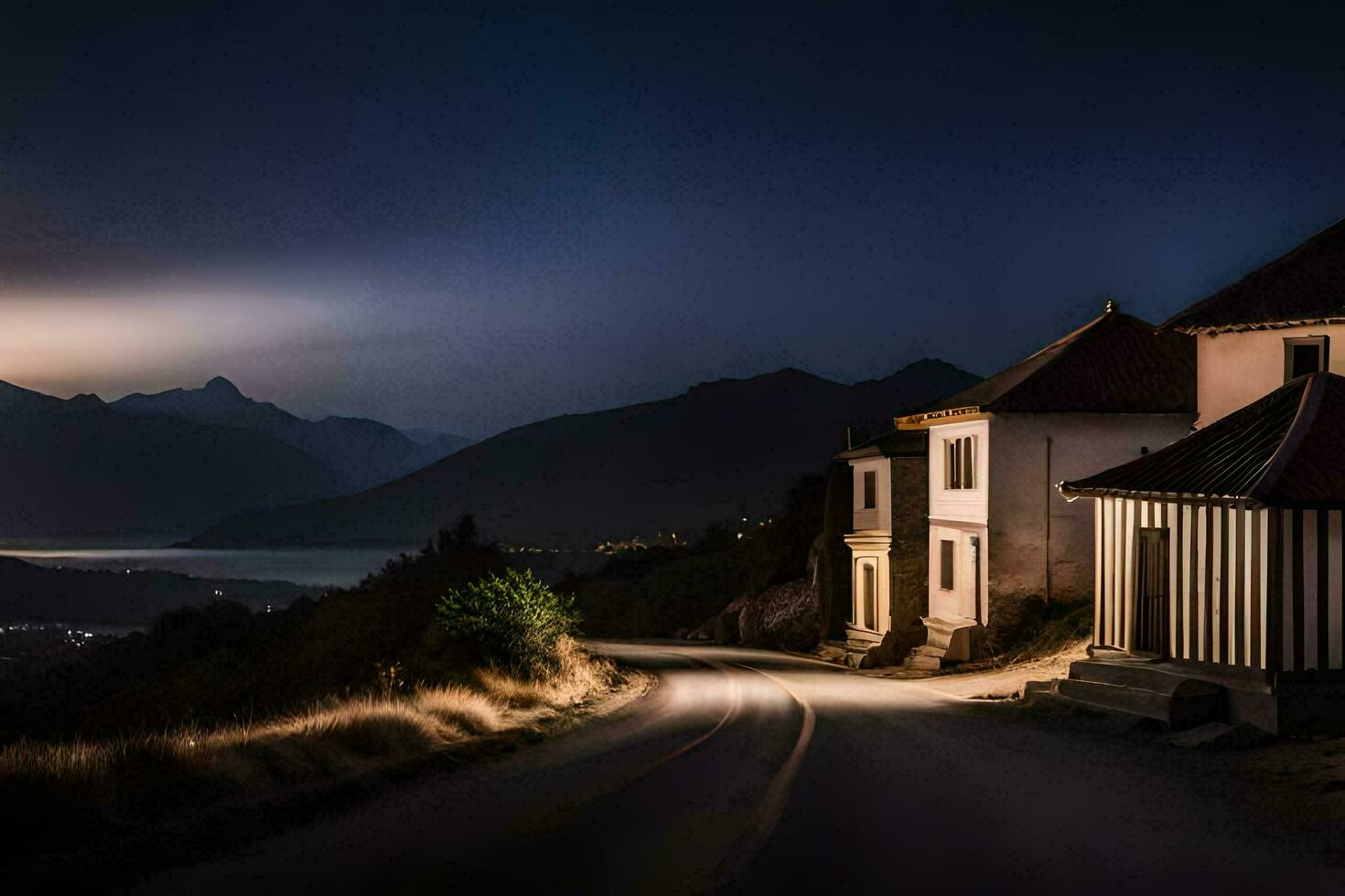 uma estrada dentro a montanhas às noite com uma casa e uma montanha dentro a fundo. gerado por IA foto