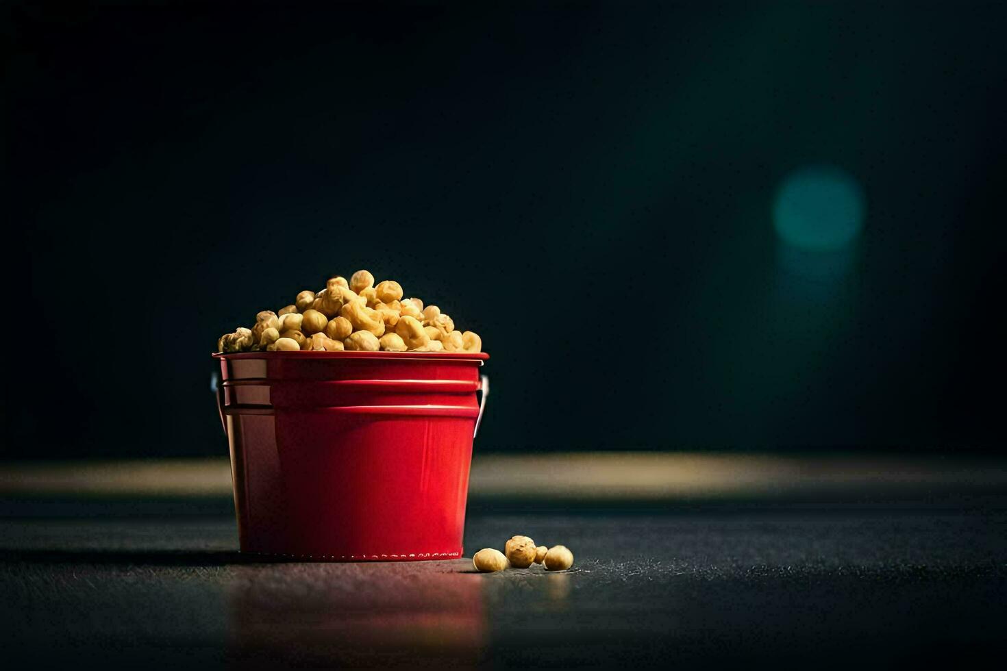 uma vermelho balde preenchidas com amendoim em uma Sombrio mesa. gerado por IA foto