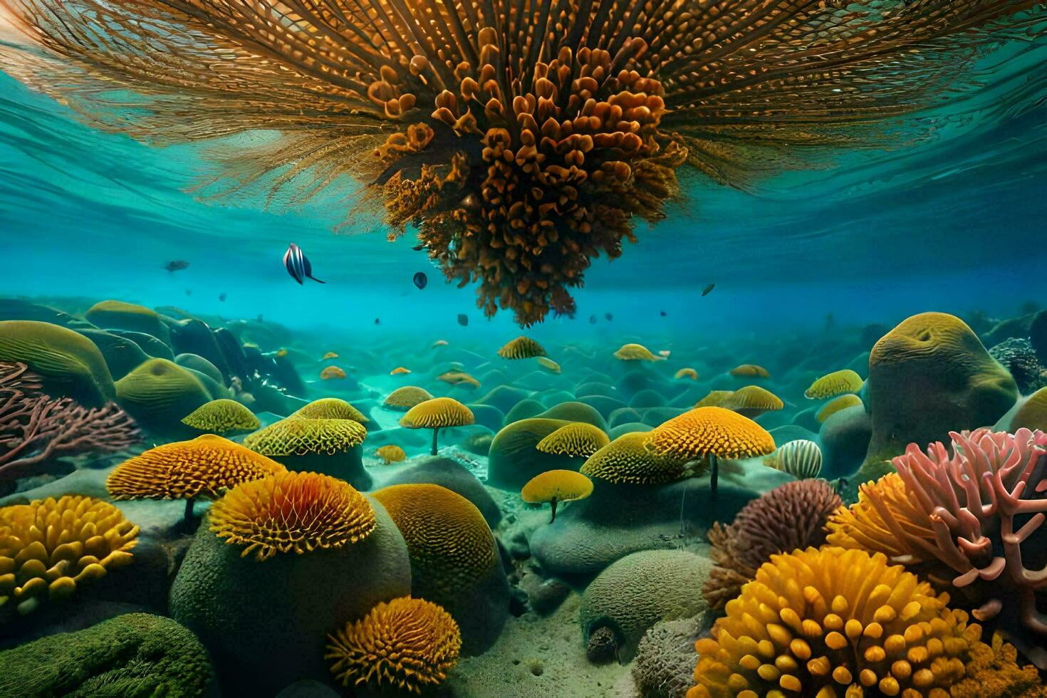 a embaixo da agua Visão do colorida corais e esponjas. gerado por IA foto