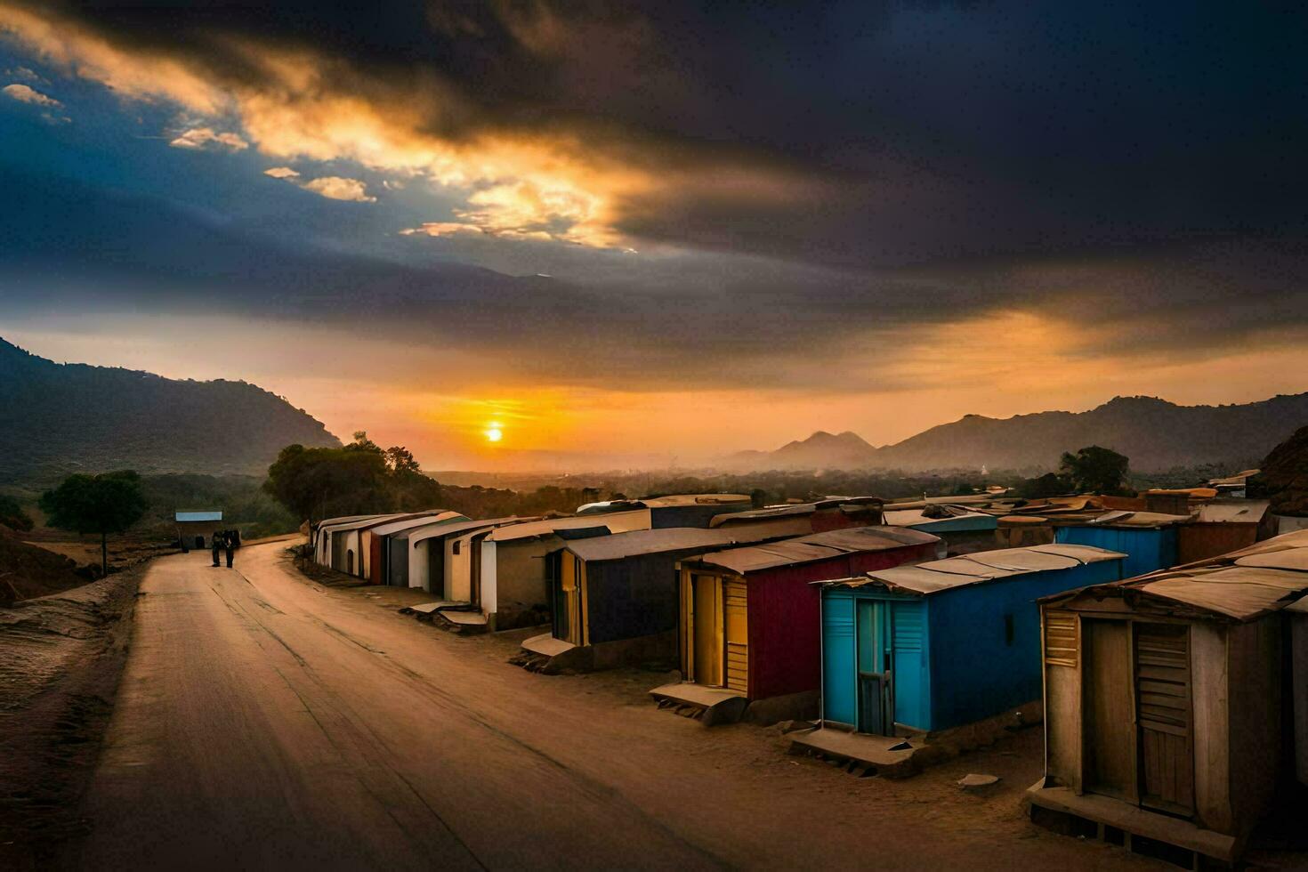 a Sol conjuntos sobre uma linha do colorida cabanas. gerado por IA foto