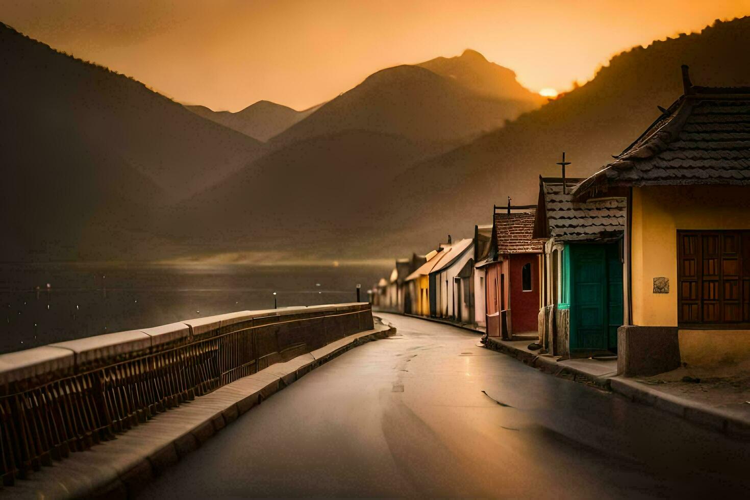 uma grandes estrada com casas e montanhas dentro a fundo. gerado por IA foto