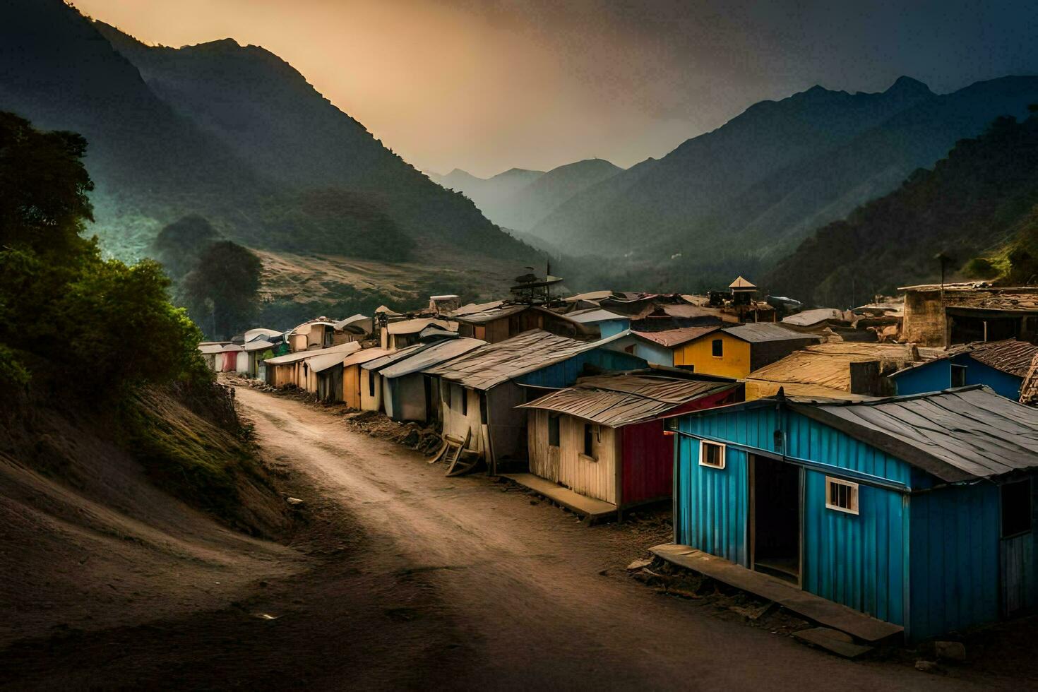 uma Vila dentro a montanhas com colorida casas. gerado por IA foto