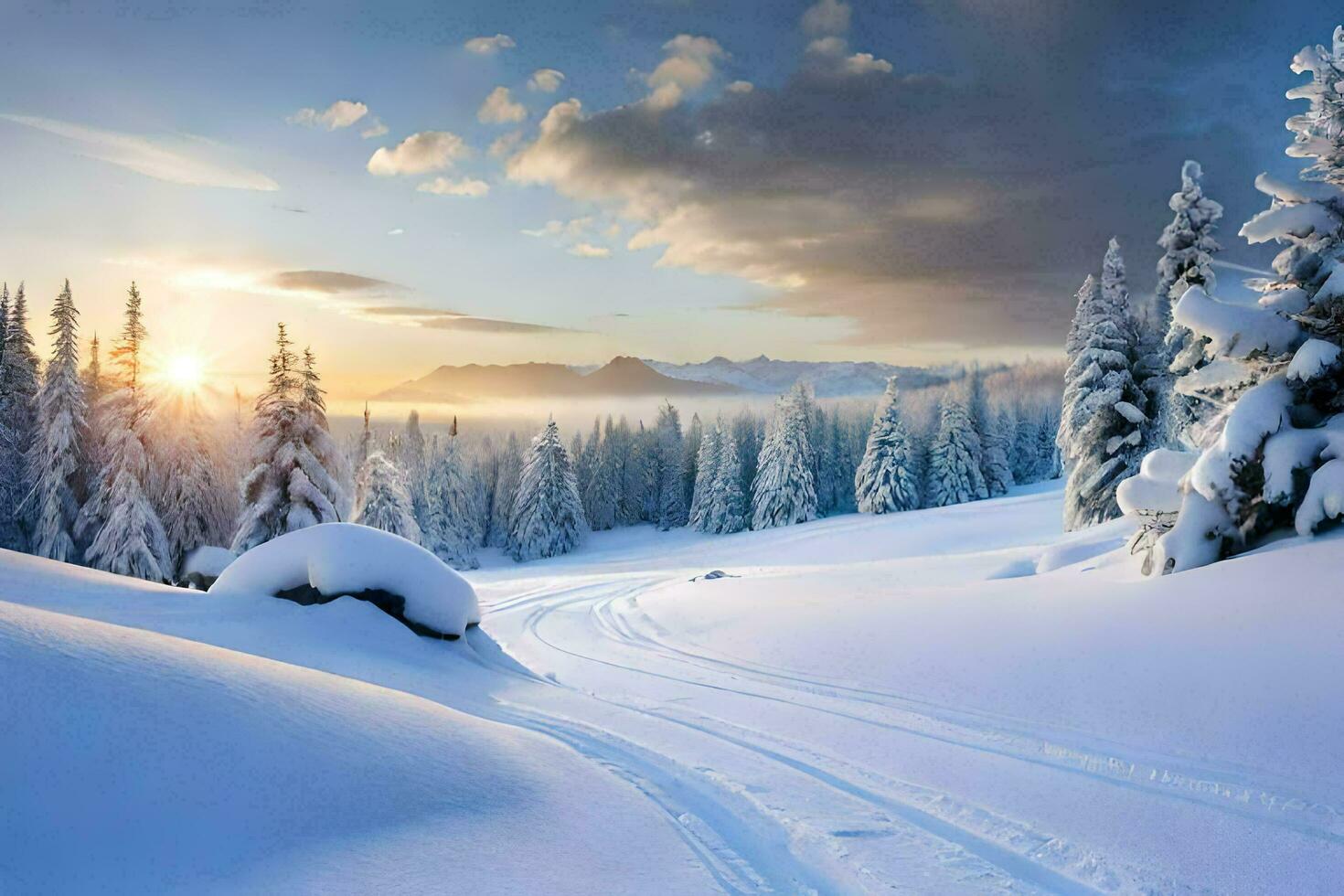 neve coberto árvores e uma estrada dentro a montanhas. gerado por IA foto