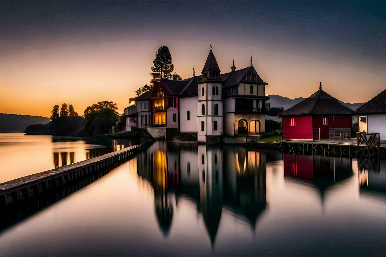 uma casa em a água às pôr do sol. gerado por IA foto