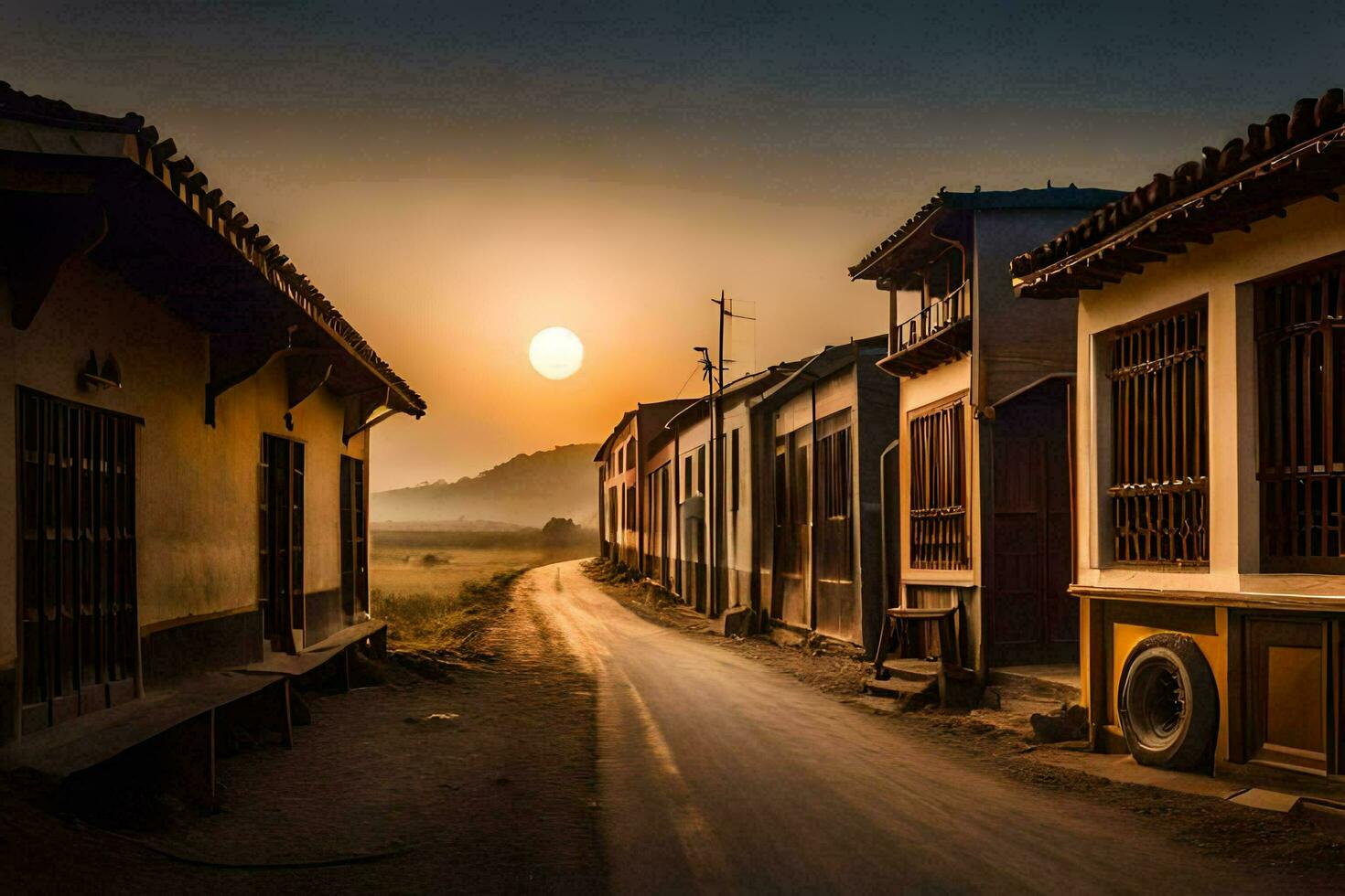 uma estrada dentro a campo com uma pôr do sol atrás isto. gerado por IA foto