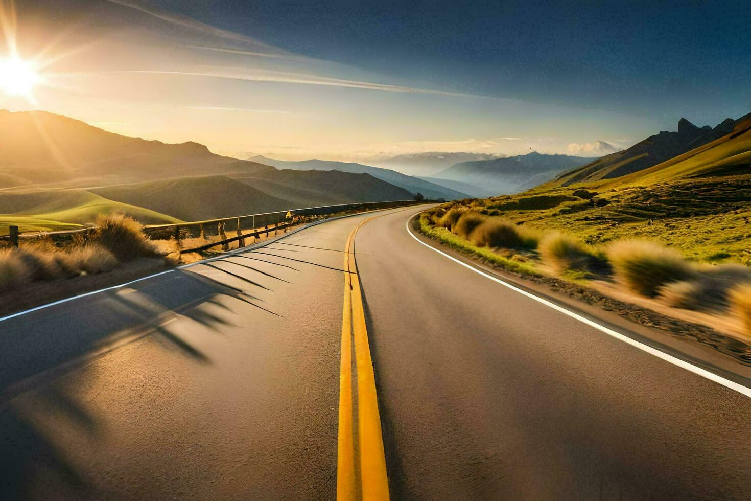 uma estrada dentro a montanhas com a Sol contexto. gerado por IA foto