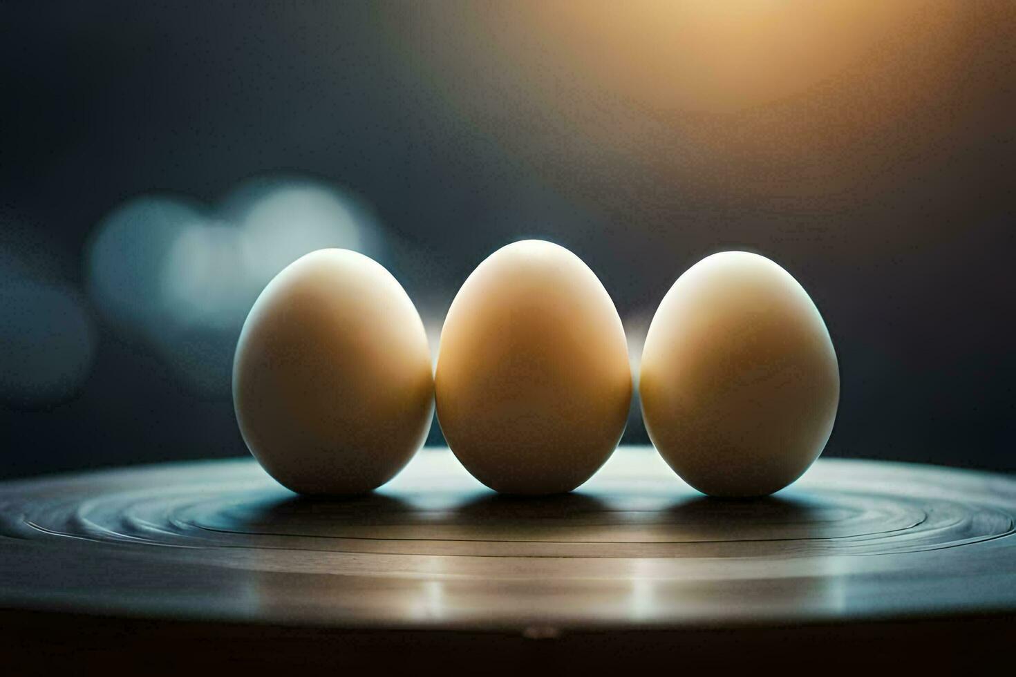 três ovos estão sentado em topo do uma de madeira mesa. gerado por IA foto