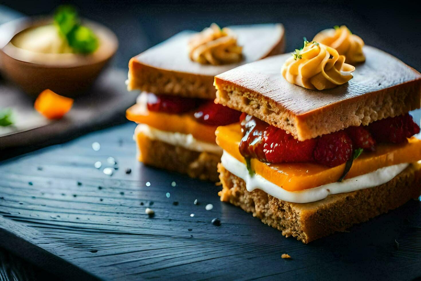 dois sanduíches com fruta em uma Preto placa. gerado por IA foto