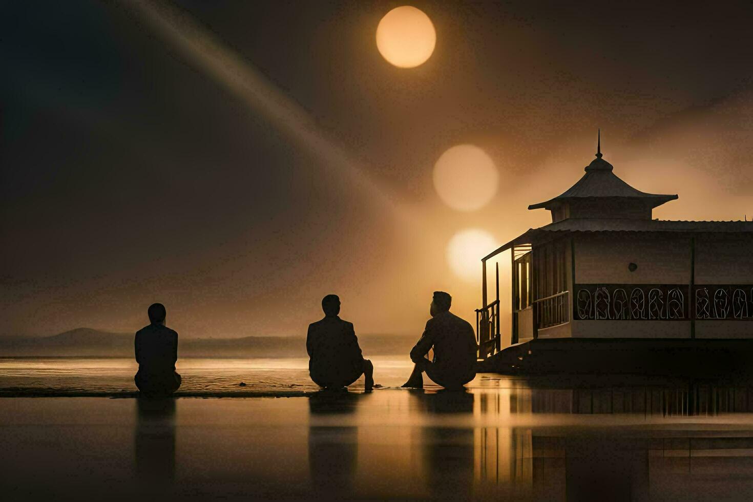 três pessoas sentado em a de praia às noite. gerado por IA foto