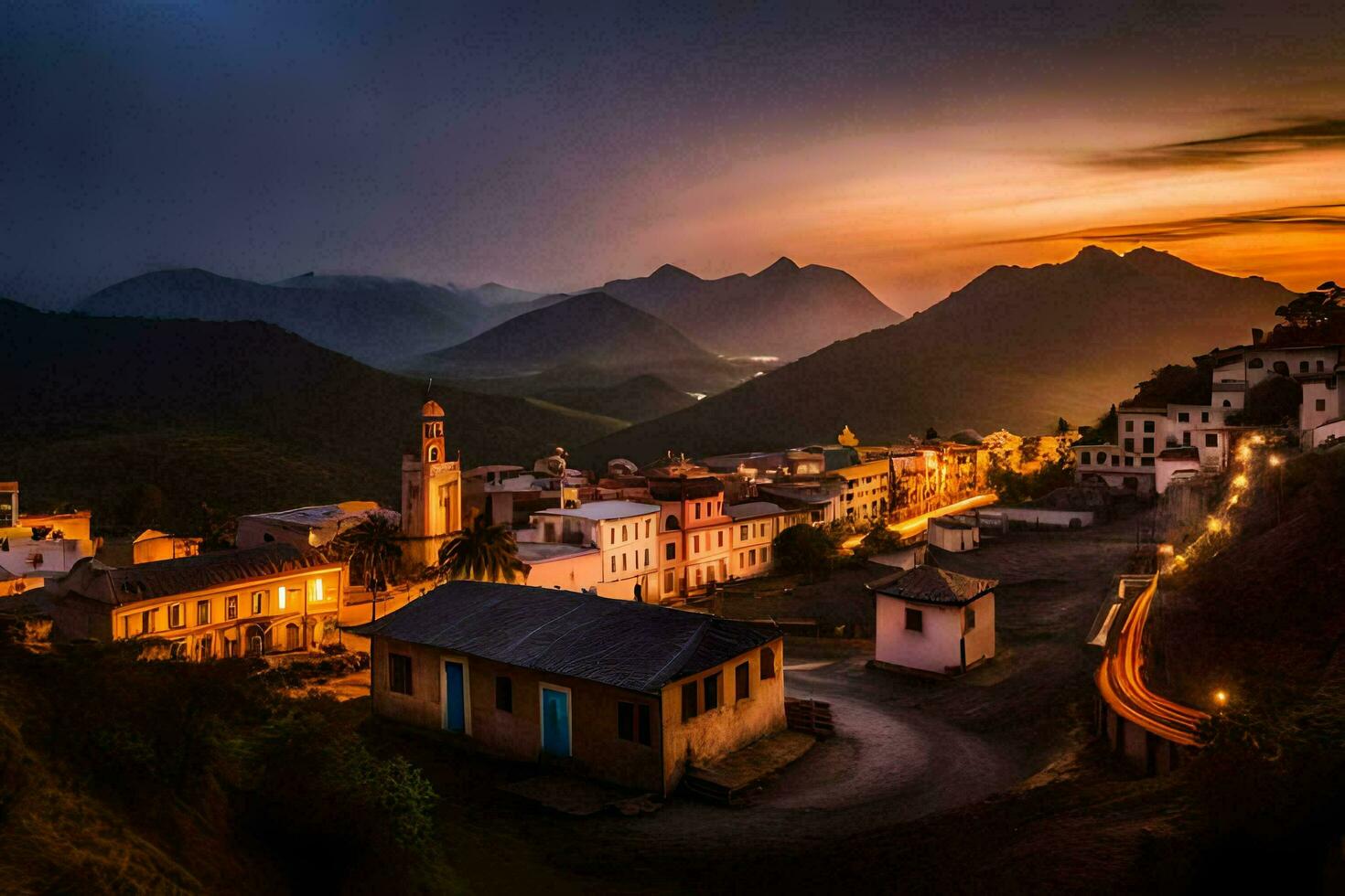 foto papel de parede a céu, montanhas, pôr do sol, a Vila, a estrada, a montanhas, o. gerado por IA