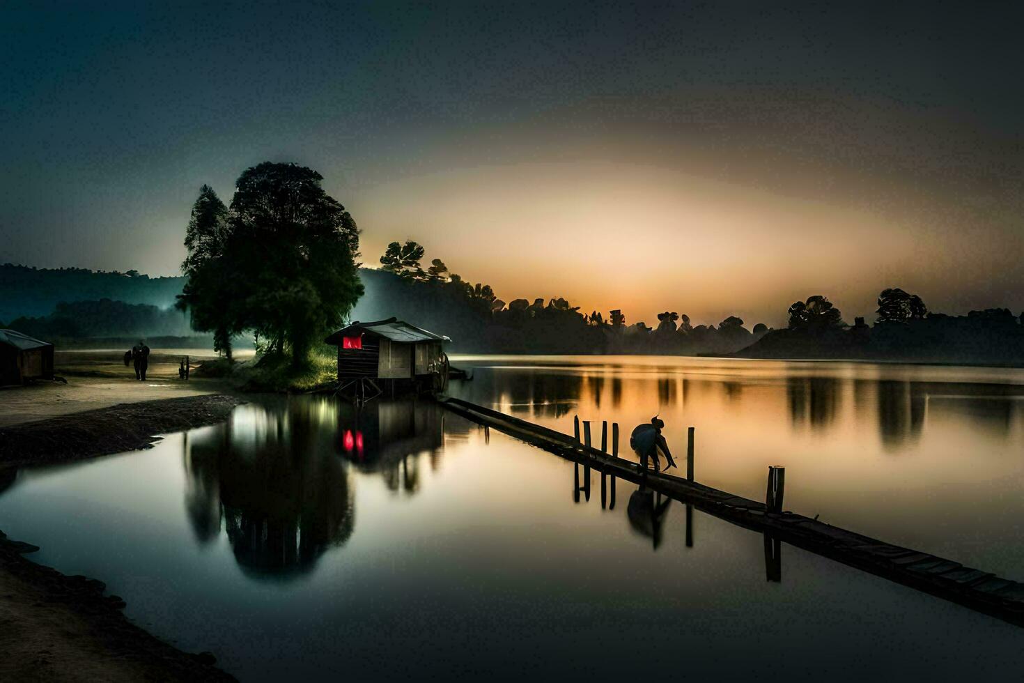 uma homem carrinhos em uma doca às pôr do sol. gerado por IA foto