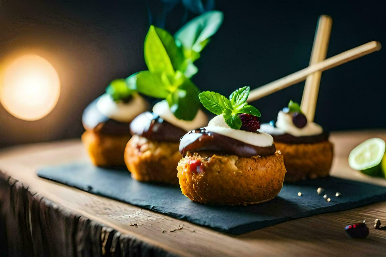 pequeno bolos com chocolate e hortelã em uma Preto ardósia. gerado por IA foto