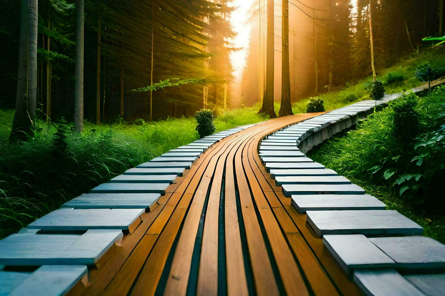 uma de madeira caminho dentro a floresta com Sol brilhando. gerado por IA foto