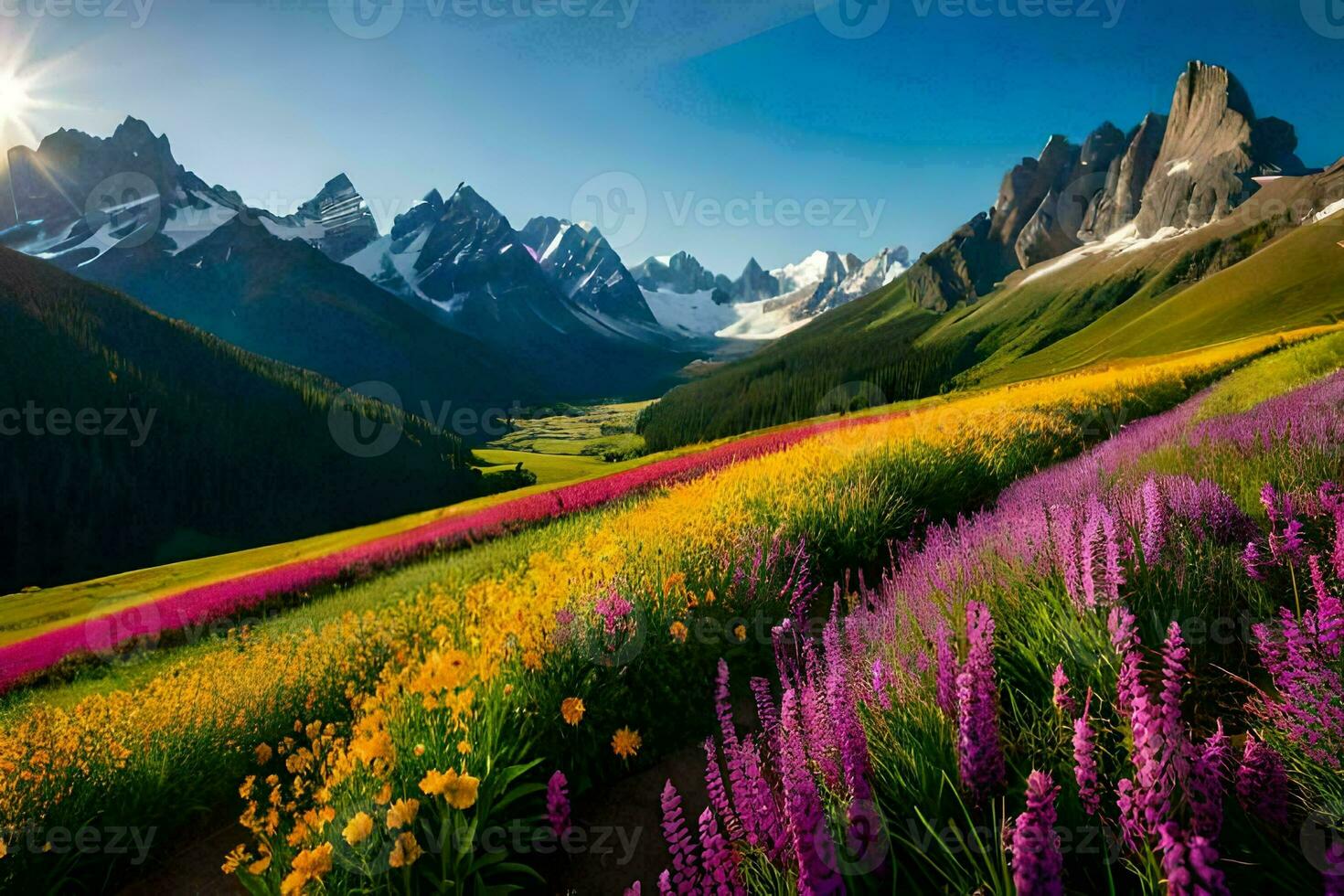 lindo flores dentro a montanhas. gerado por IA foto