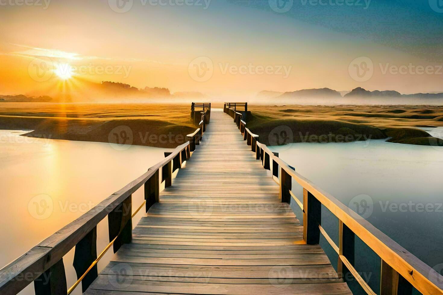 uma de madeira ponte sobre uma corpo do água às nascer do sol. gerado por IA foto