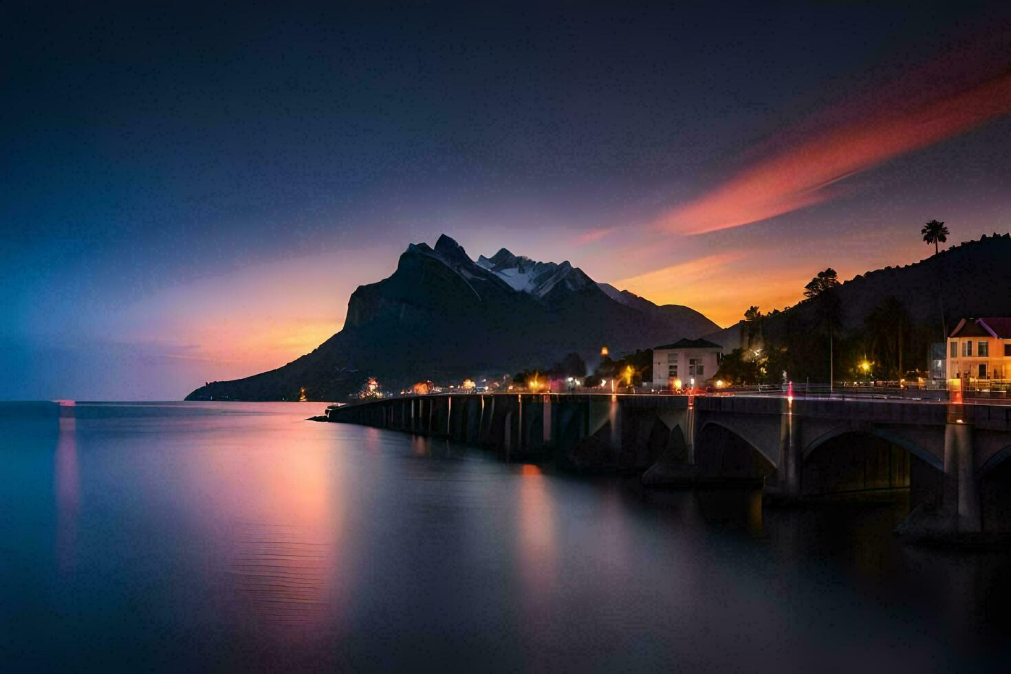 uma ponte sobre a água às pôr do sol com montanhas dentro a fundo. gerado por IA foto