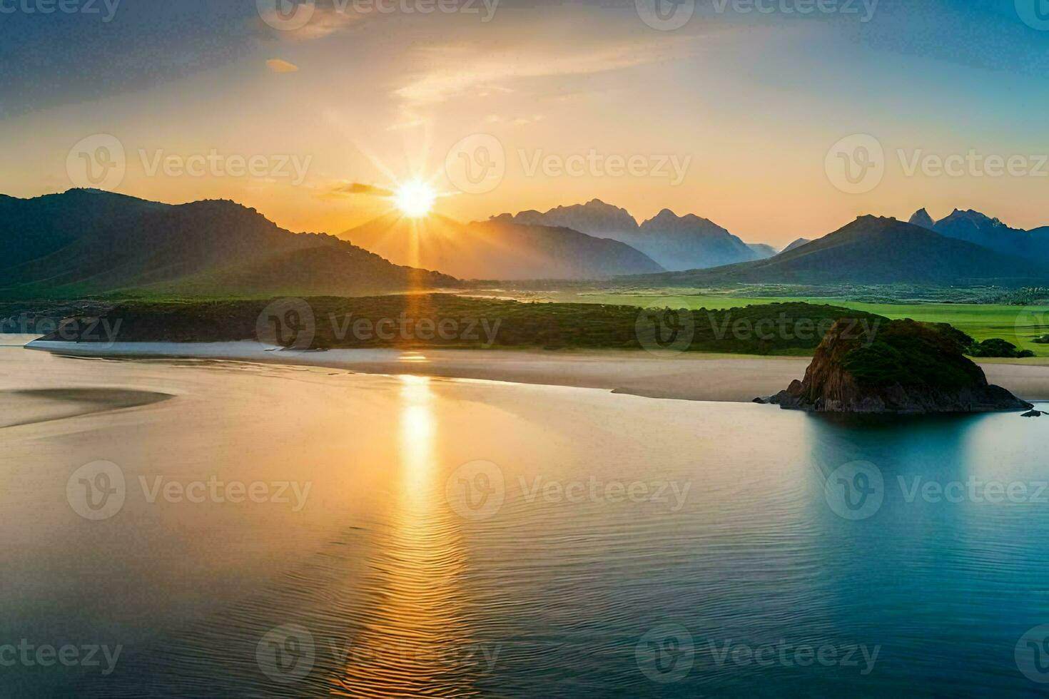 a Sol conjuntos sobre uma de praia e montanhas. gerado por IA foto