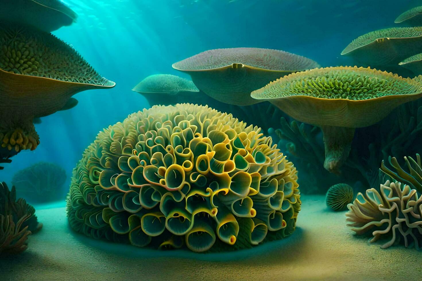 a embaixo da agua cena com muitos diferente tipos do corais. gerado por IA foto