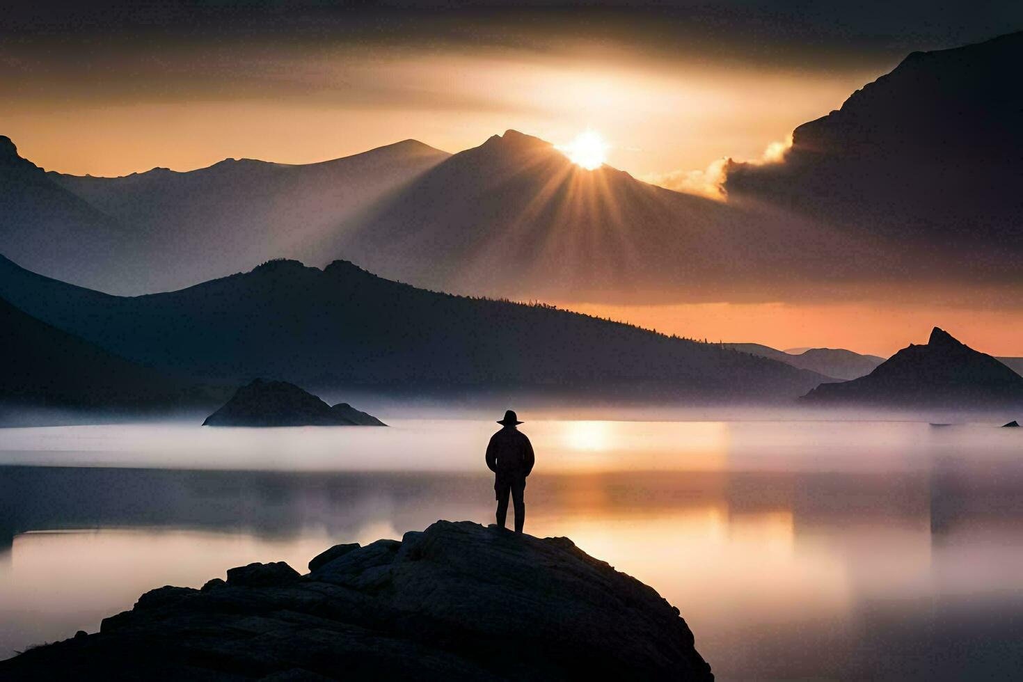 uma homem carrinhos em uma Rocha negligenciar uma lago e montanhas. gerado por IA foto