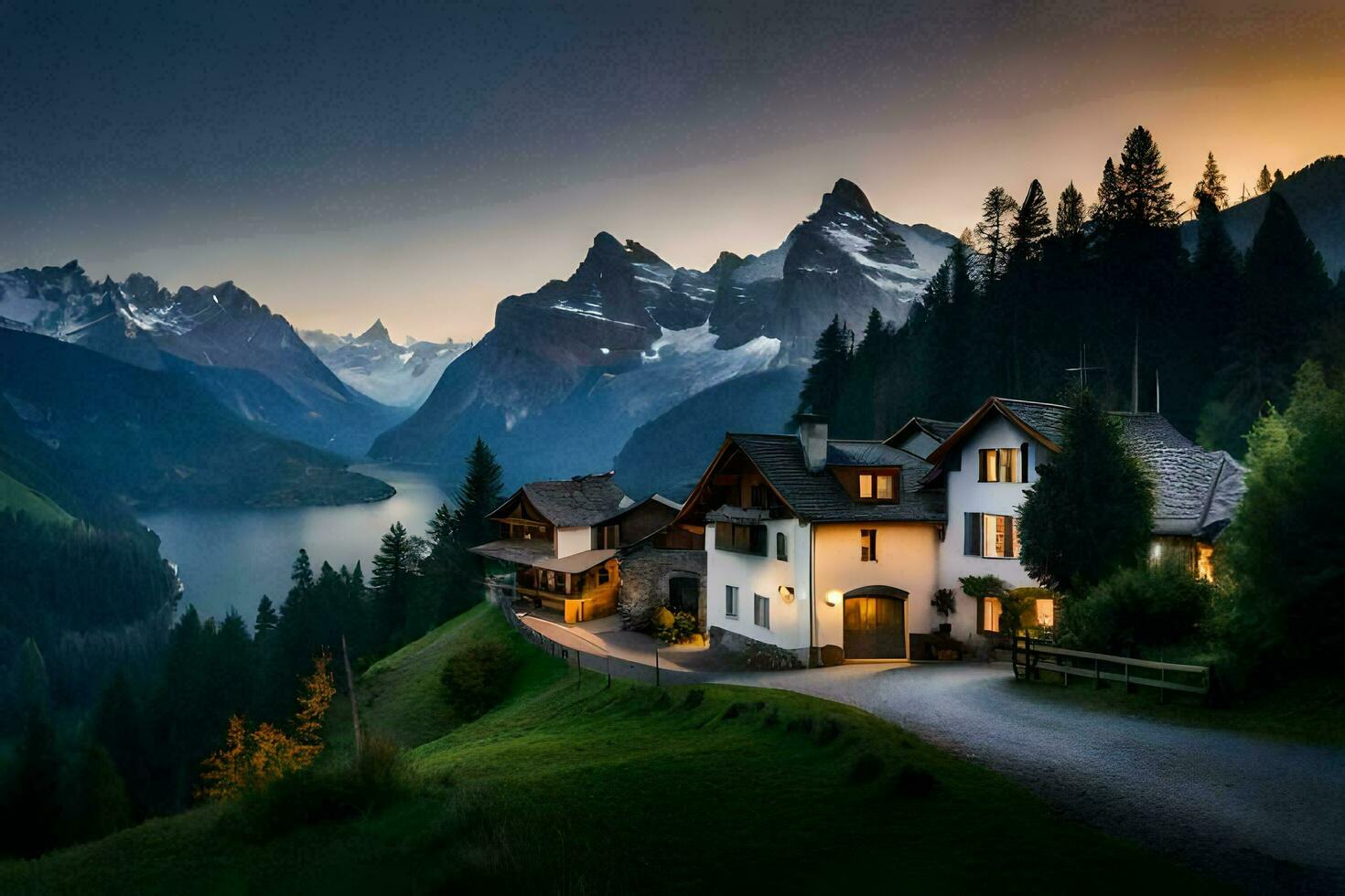 uma casa dentro a montanhas às pôr do sol. gerado por IA foto