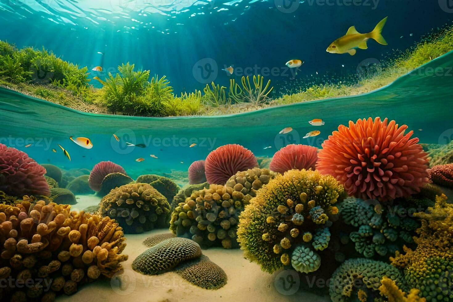 a embaixo da agua cena com colorida corais e peixe. gerado por IA foto